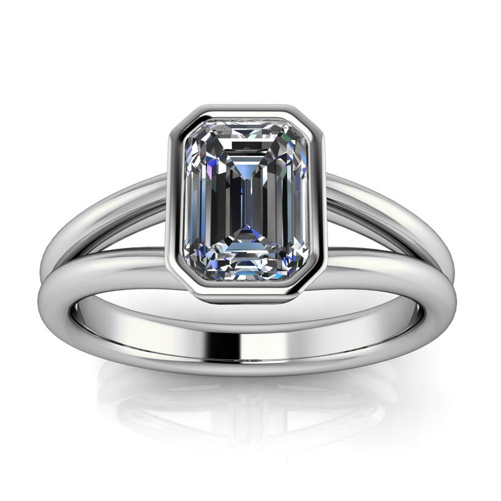 Bezel Set Emerald Cut Moissanite Solitaire Engagement RIng - Levi - Moissanite Rings