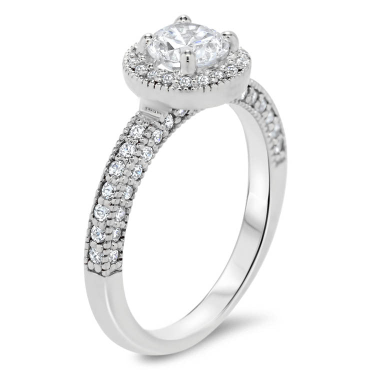 Diamond Halo Low Profile Moissanite Engagement Ring - Roberta - Moissanite Rings