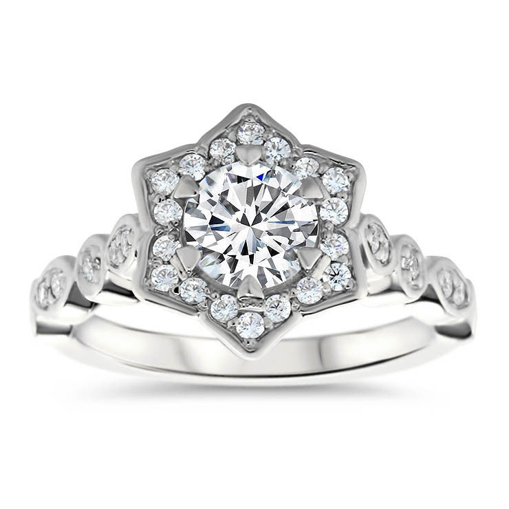 Unique Star-like Diamond Halo Forever One Moissanite Engagement Ring - Sabrina - Moissanite Rings