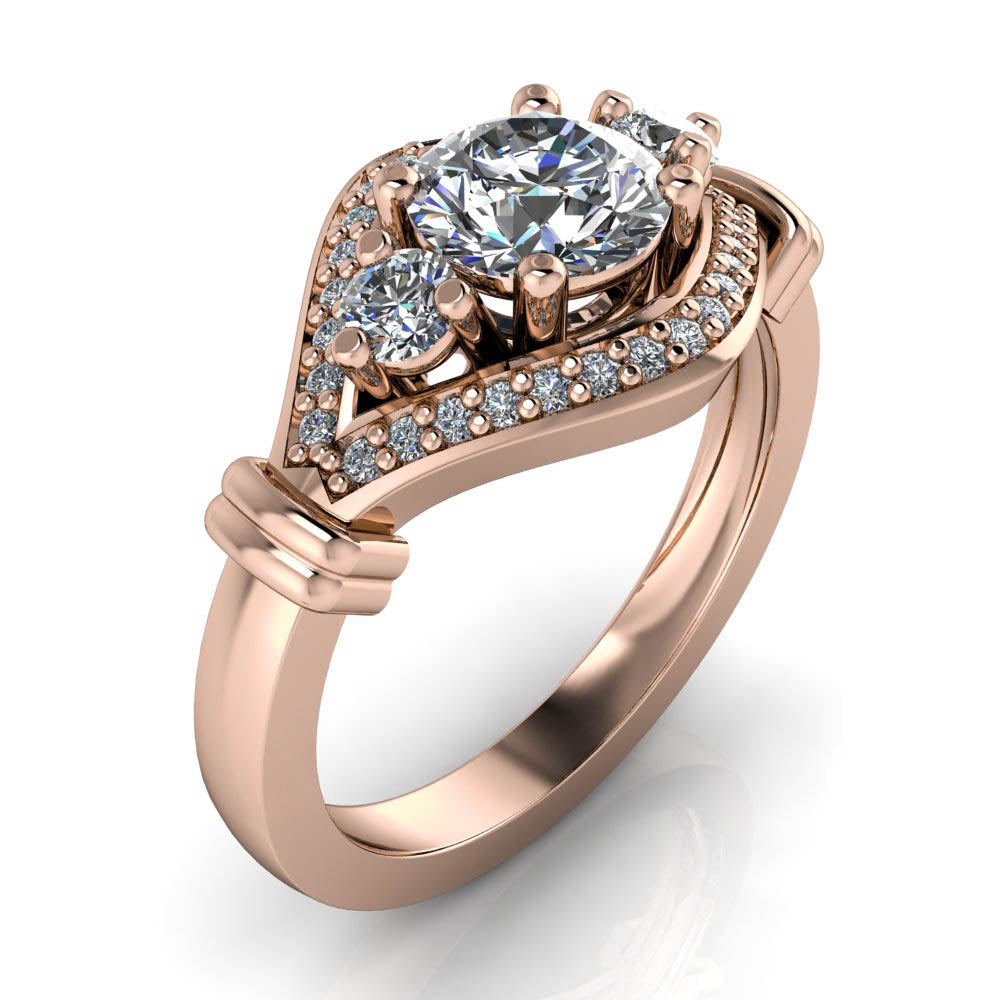 Unique Halo Three Stone Engagement Ring - Leona - Moissanite Rings
