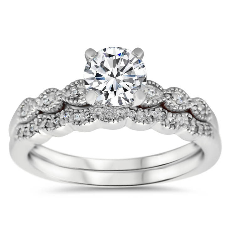 Thin Diamond Band Wedding Set - Dainty Drops Wedding Set - Moissanite Rings