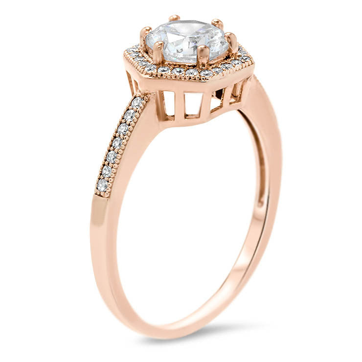 Hexagon Shaped Diamond Halo Moissanite Center Engagement Ring - Glam - Moissanite Rings