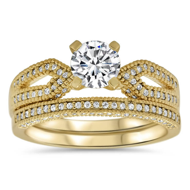 Diamond Accented Engagement Ring and Wedding Band - Bit Wedding Set - Moissanite Rings