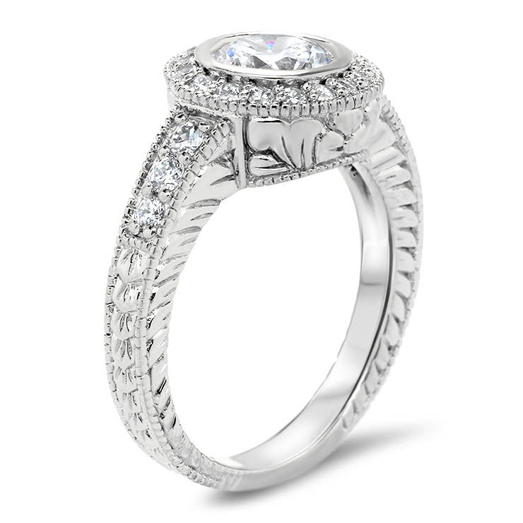 Bezel Set Diamond Engagement Ring Forever One Moissanite Center - Callie - Moissanite Rings