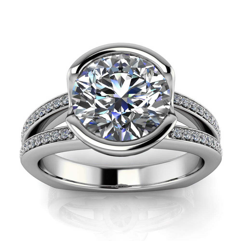 Half Bezel Set Engagement Ring Split Shank Diamond Band - Vidal - Moissanite Rings