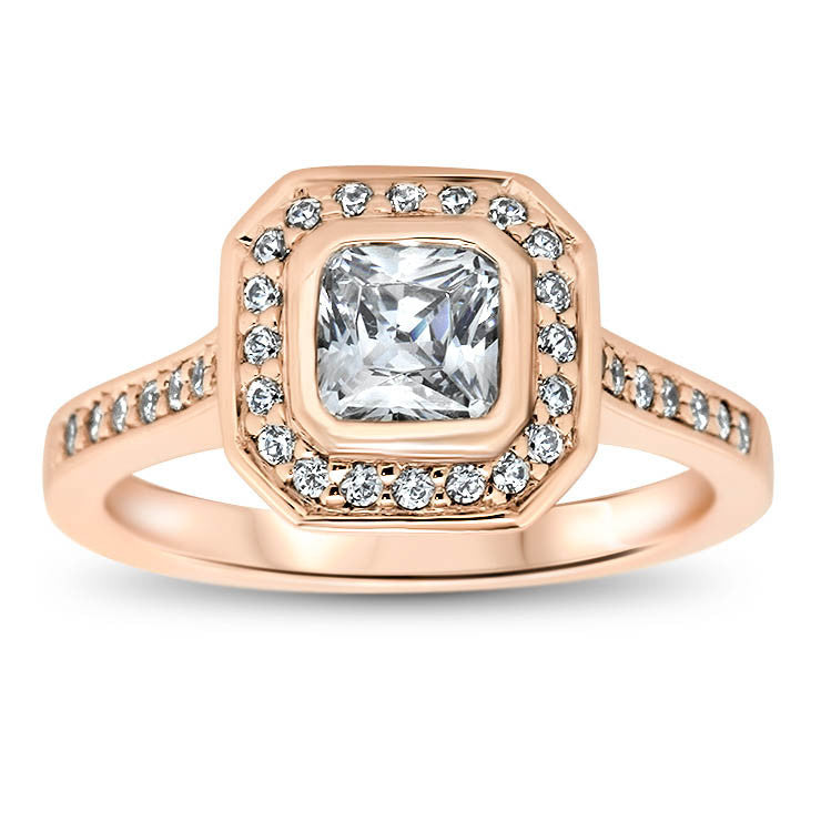 Bezel Set Princess Cut Diamond Halo Moissanite Engagement Ring - Janice - Moissanite Rings