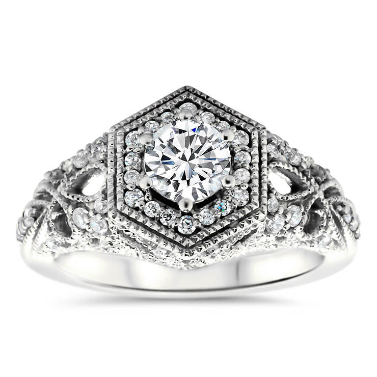 Hexagon Halo Vintage Inspired Engagement Ring -  Milan - Moissanite Rings