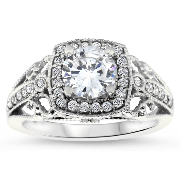 Vintage Style Diamond Halo Moissanite Engagement Ring - Layne - Moissanite Rings