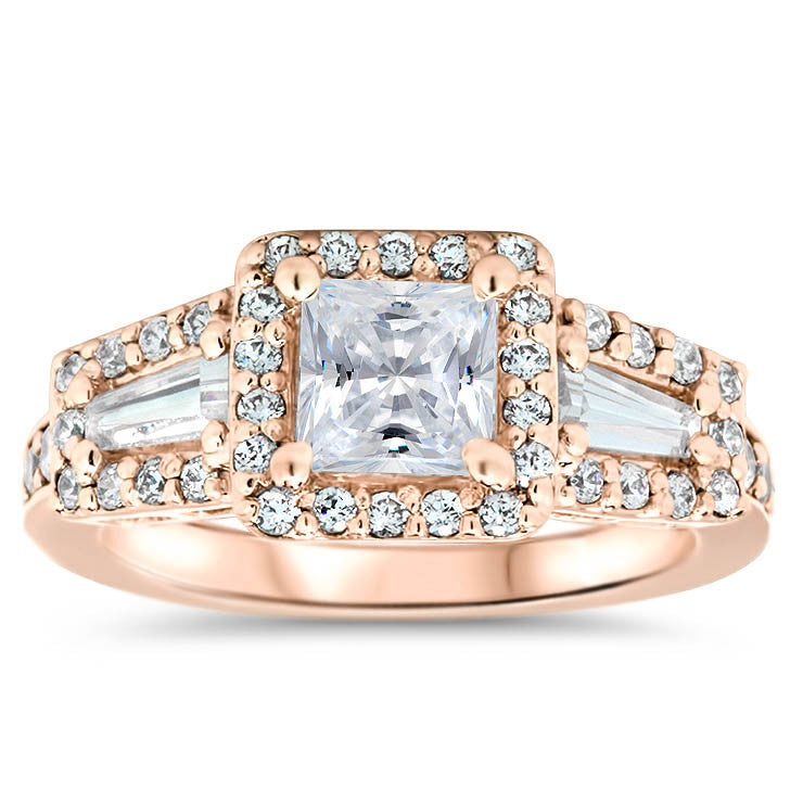 Vintage Style Moissanite Engagement Ring Halo With Diamond Baguettes - Whitney - Moissanite Rings