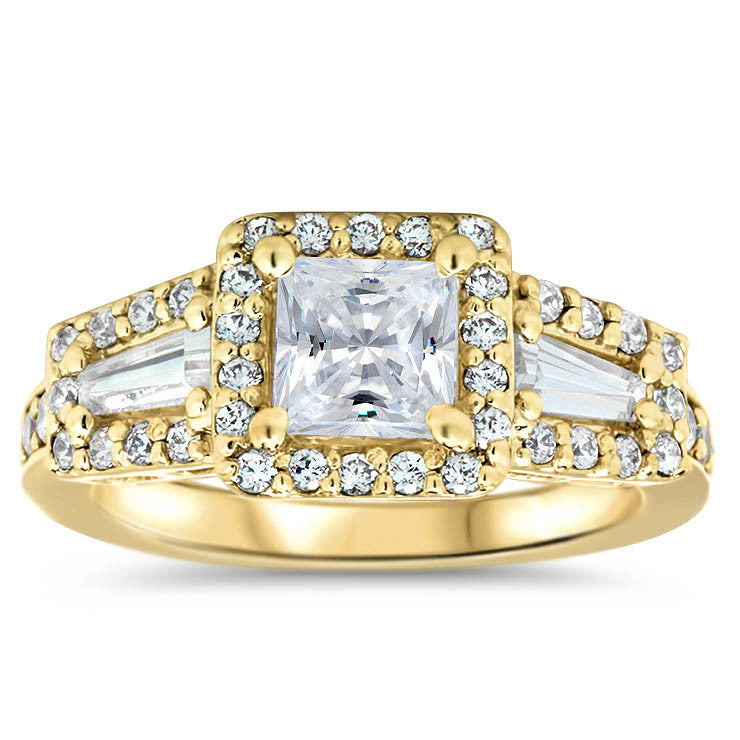 Vintage Style Moissanite Engagement Ring Halo With Diamond Baguettes - Whitney - Moissanite Rings