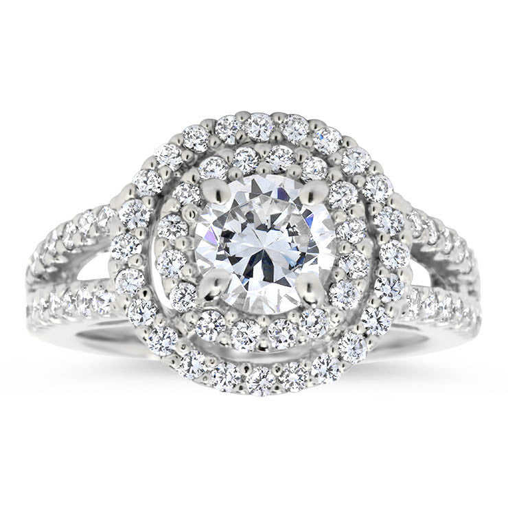 Moissanite Center Double Diamond Halo Split Shank Engagement Ring - Deb - Moissanite Rings
