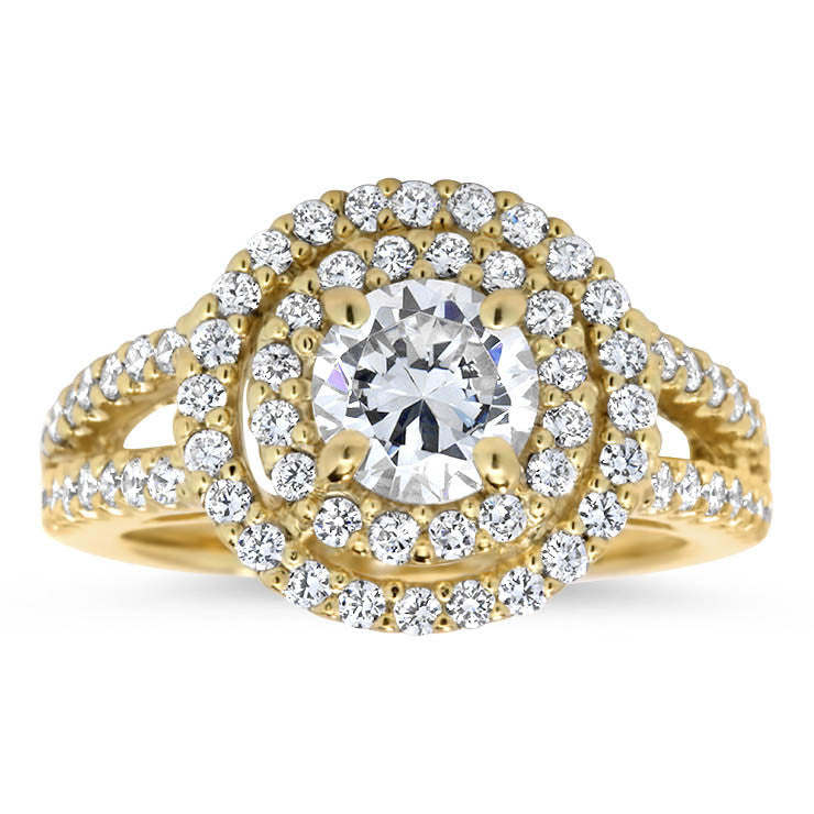 Moissanite Center Double Diamond Halo Split Shank Engagement Ring - Deb - Moissanite Rings