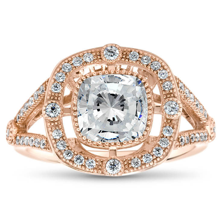 Split Shank Cushion Cut Vintage Inspired Forever One Engagement Ring - Diane - Moissanite Rings