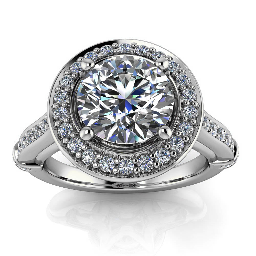 Diamond Halo Round Center Moissanite Engagement Ring - Luna - Moissanite Rings