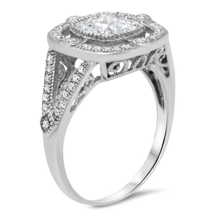 Split Shank Cushion Cut Vintage Inspired Forever One Engagement Ring - Diane - Moissanite Rings