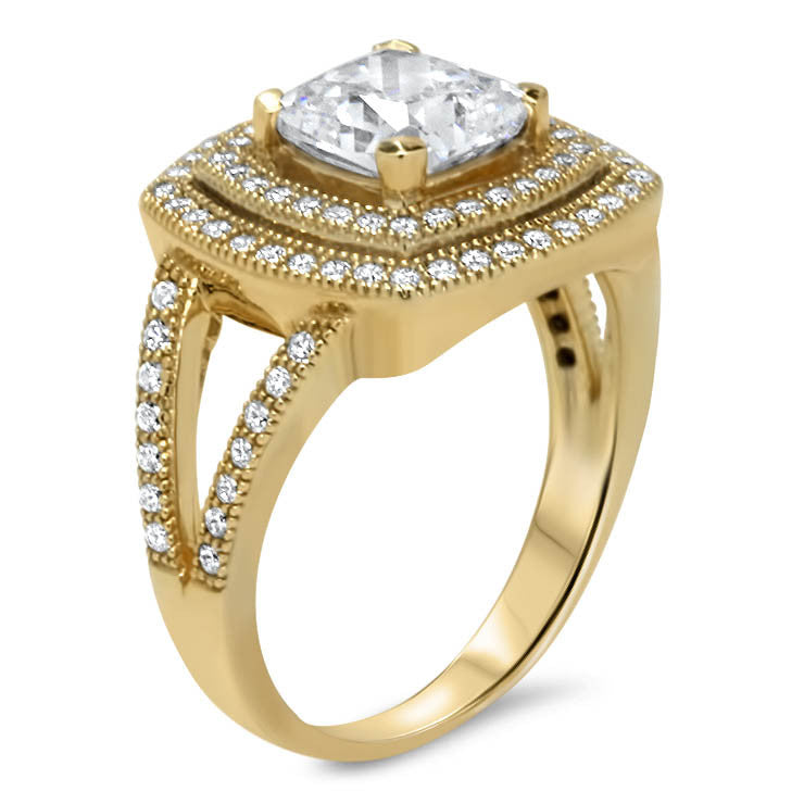 Split Shank Cushion Cut Double Diamond Halo Moissanite Engagement Ring - Ilona - Moissanite Rings