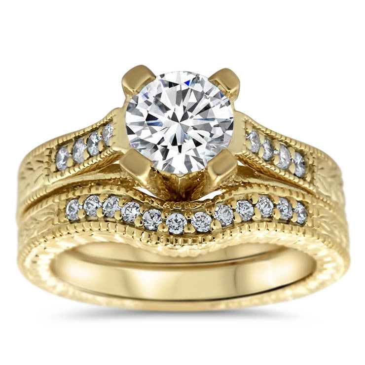 Vintage Inspired Set Engagement Ring and Wedding Band - Royal Crown We ...