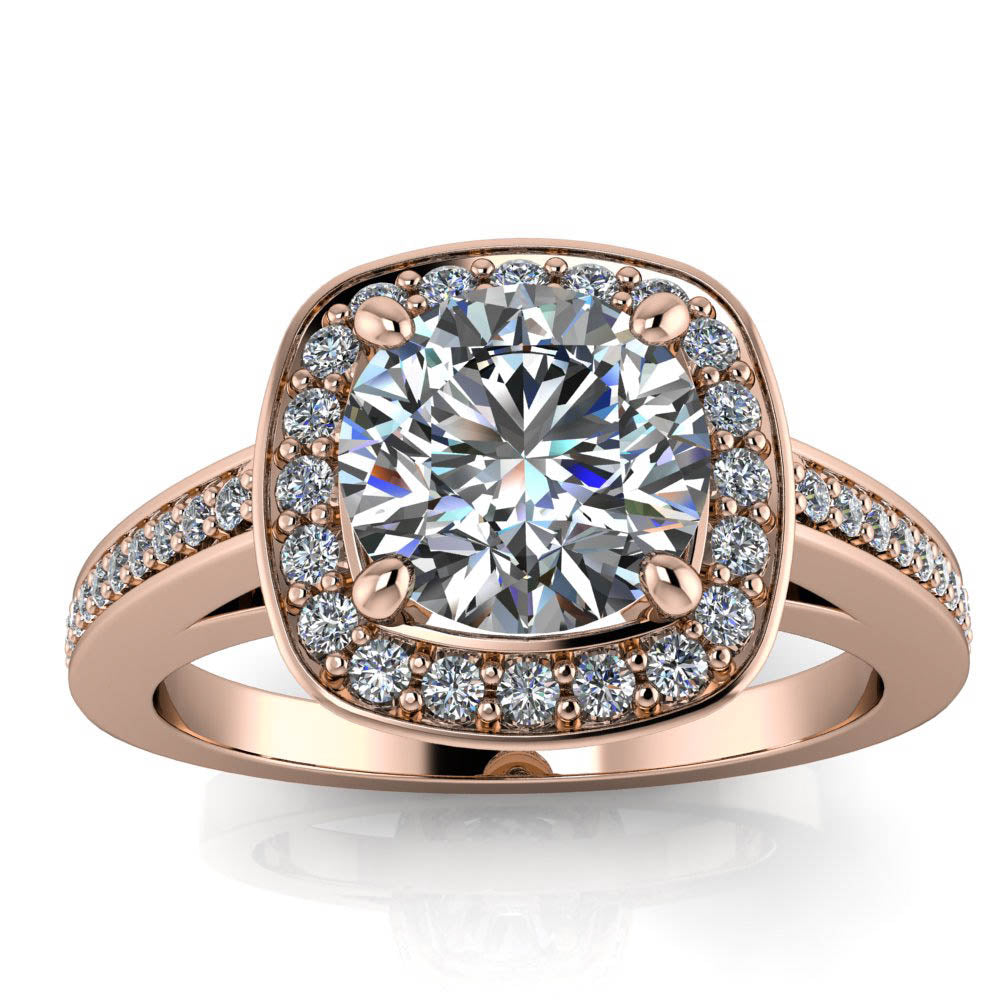 Squared Diamond Halo Round Moissanite Center - Oriana - Moissanite Rings