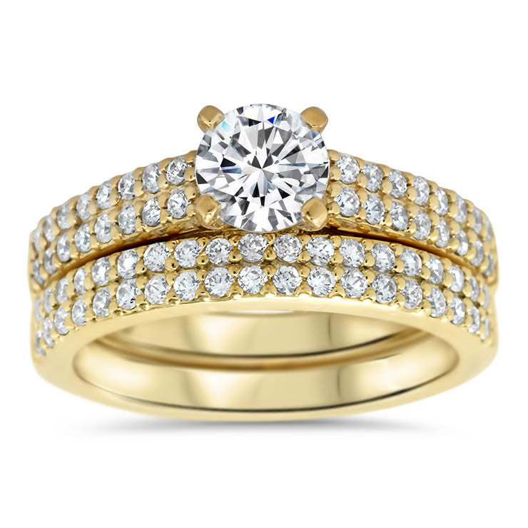 Double Row Diamond Wedding Set Engagemnt Ring and Matching Band - Doll Set - Moissanite Rings