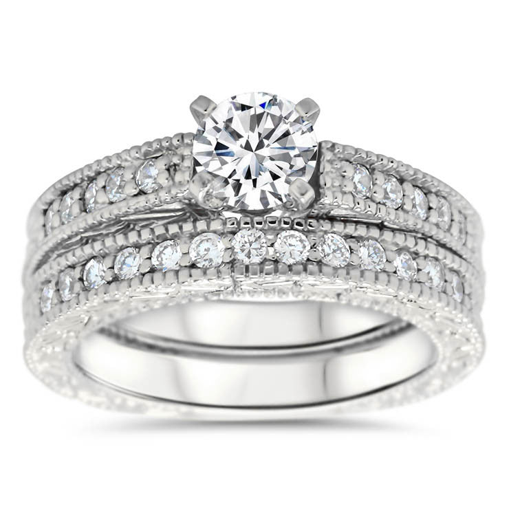 Vintage Inspired Weddign Set Engagement Ring and Wedding Band - Founded Wedding Set - Moissanite Rings