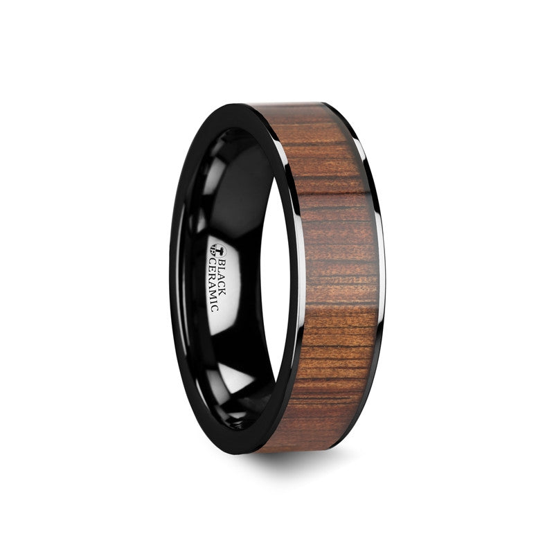 Polished Black Ceramic Flat Wedding Band  with Koa Wood Inlay - Atreus - Moissanite Rings