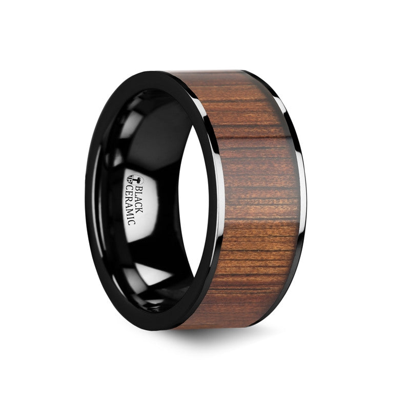 Polished Black Ceramic Flat Wedding Band  with Koa Wood Inlay - Atreus - Moissanite Rings