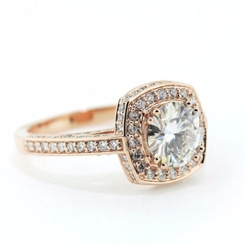 8 mm Rose Gold Diamond Halo Moissanite Engagement Ring - Cushion Halo - Moissanite Rings