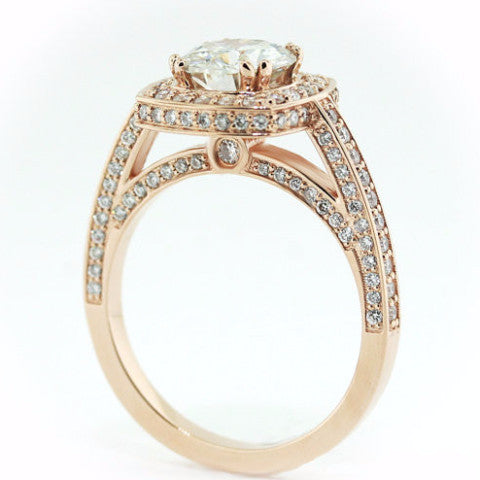 8 mm Rose Gold Diamond Halo Moissanite Engagement Ring - Cushion Halo - Moissanite Rings