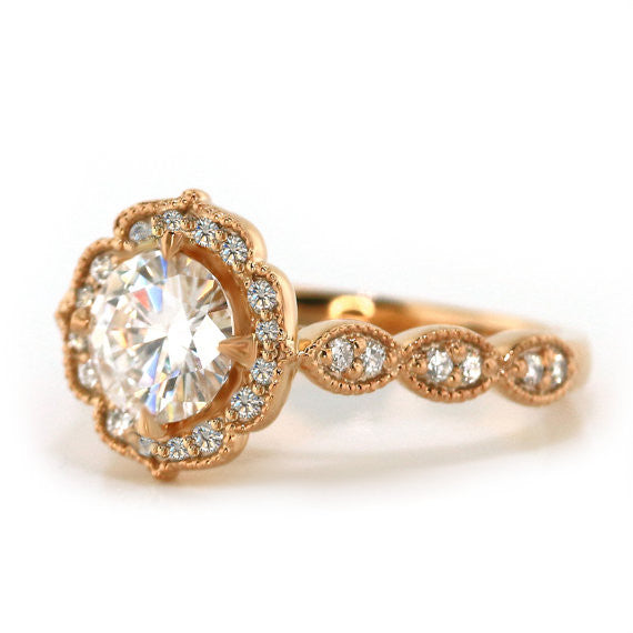 Rose Gold  Vintage Style Moissanite Engagement Ring - Maria - Moissanite Rings