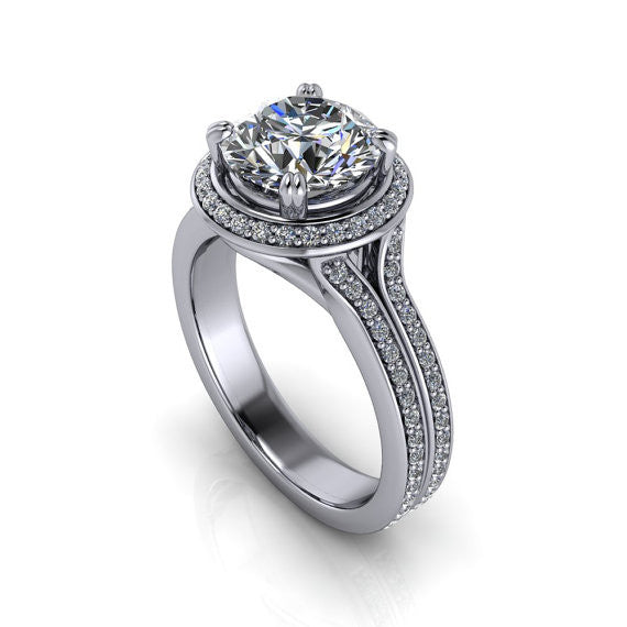 Rose Gold Diamond Halo 8 mm Moissanite Engagement Ring - Sunrise - Moissanite Rings