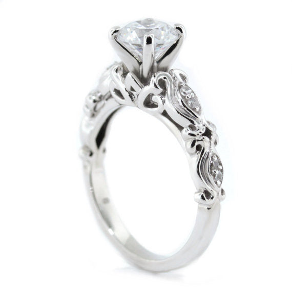 Diamond Accented Moissanite Engagement Ring - Whimsical - Moissanite Rings