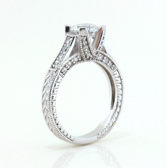 Engraved Engagement Ring - Royal Crown - Moissanite Rings