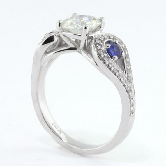 Blue Sapphire and Diamond Accented Moissanite Engagement Ring - Perfectly Paired - Moissanite Rings