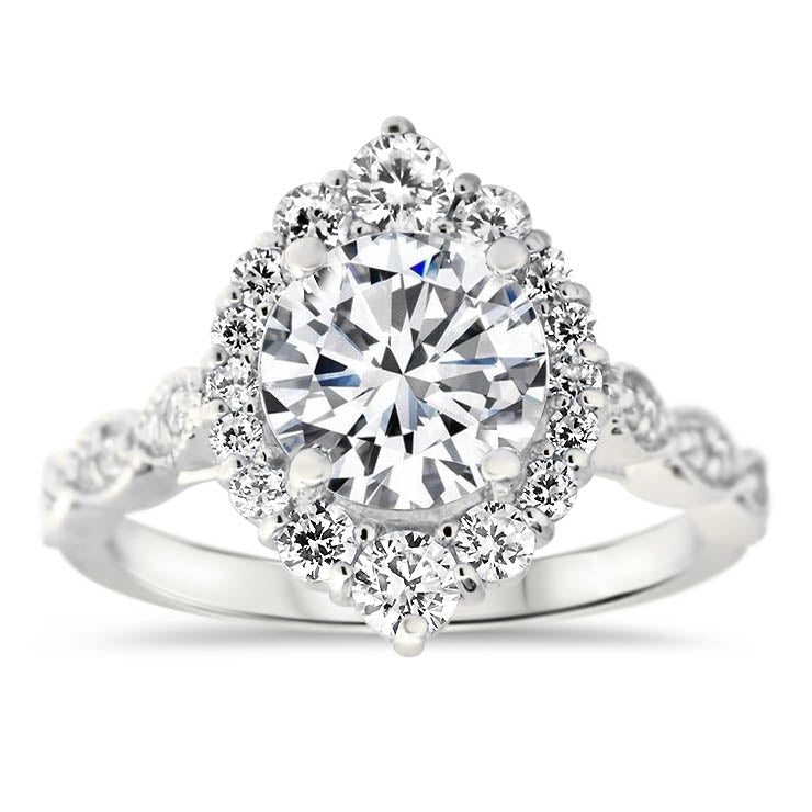 Elongated Diamond Halo Engagement Ring Vintage Style Band - Melissa II - Moissanite Rings