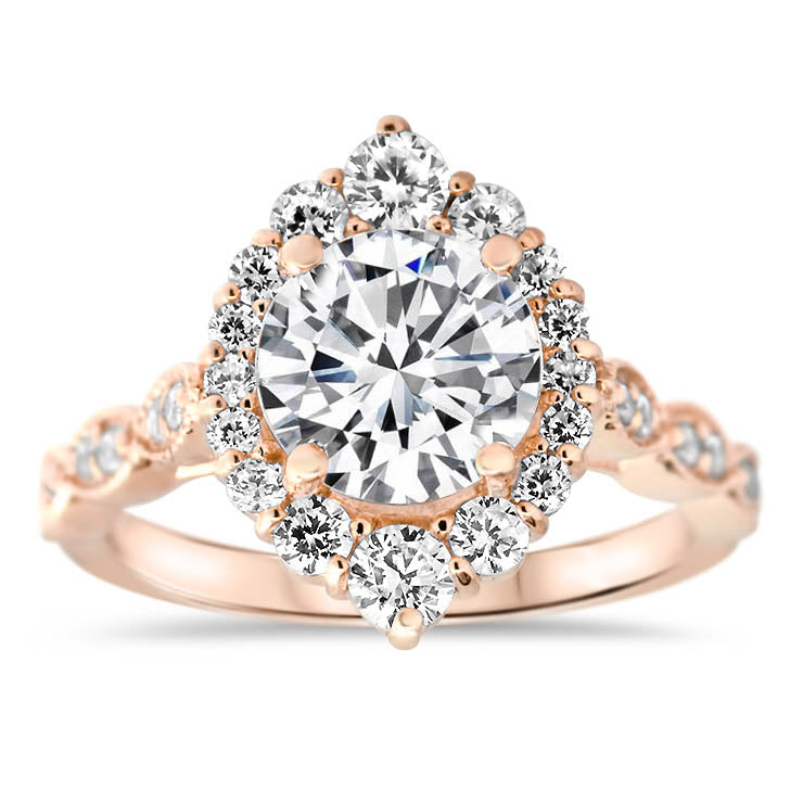 Elongated Diamond Halo Engagement Ring Vintage Style Band - Melissa II - Moissanite Rings