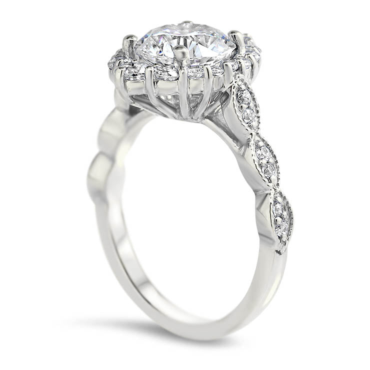 Elongated Diamond Halo Engagement Ring Vintage Style Band - Melissa II - Moissanite Rings