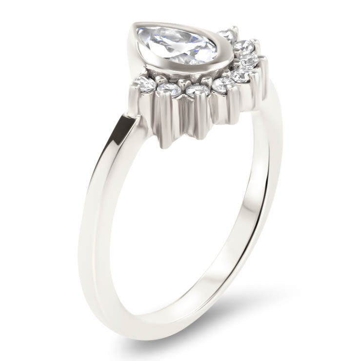 Pear Shape Halo Engagement Ring Moissanite Center Ring Diamond Setting Half Halo Bezel Set Ring -  Amelia - Moissanite Rings