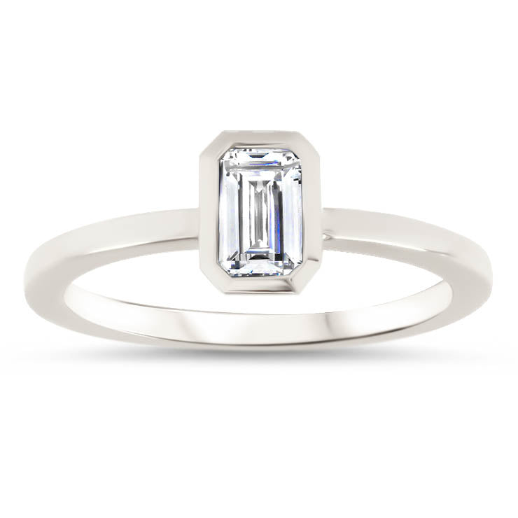 Emerald Cut Moissanite Engagement Ring Bezel Set Stone Thin Band - Esmeralda - Moissanite Rings