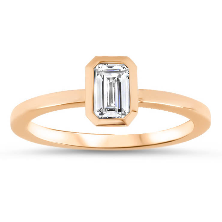 Emerald Cut Moissanite Engagement Ring Bezel Set Stone Thin Band - Esmeralda - Moissanite Rings