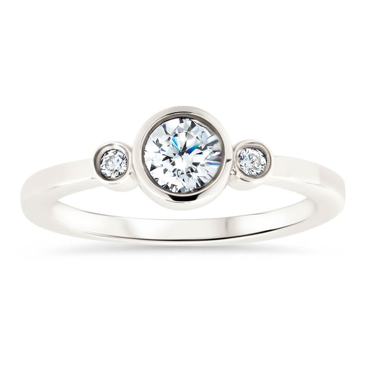 Dainty Round Bezel Set Three Stone Engagement Ring Diamond Setting Moissanite Center Stone - Lucy - Moissanite Rings