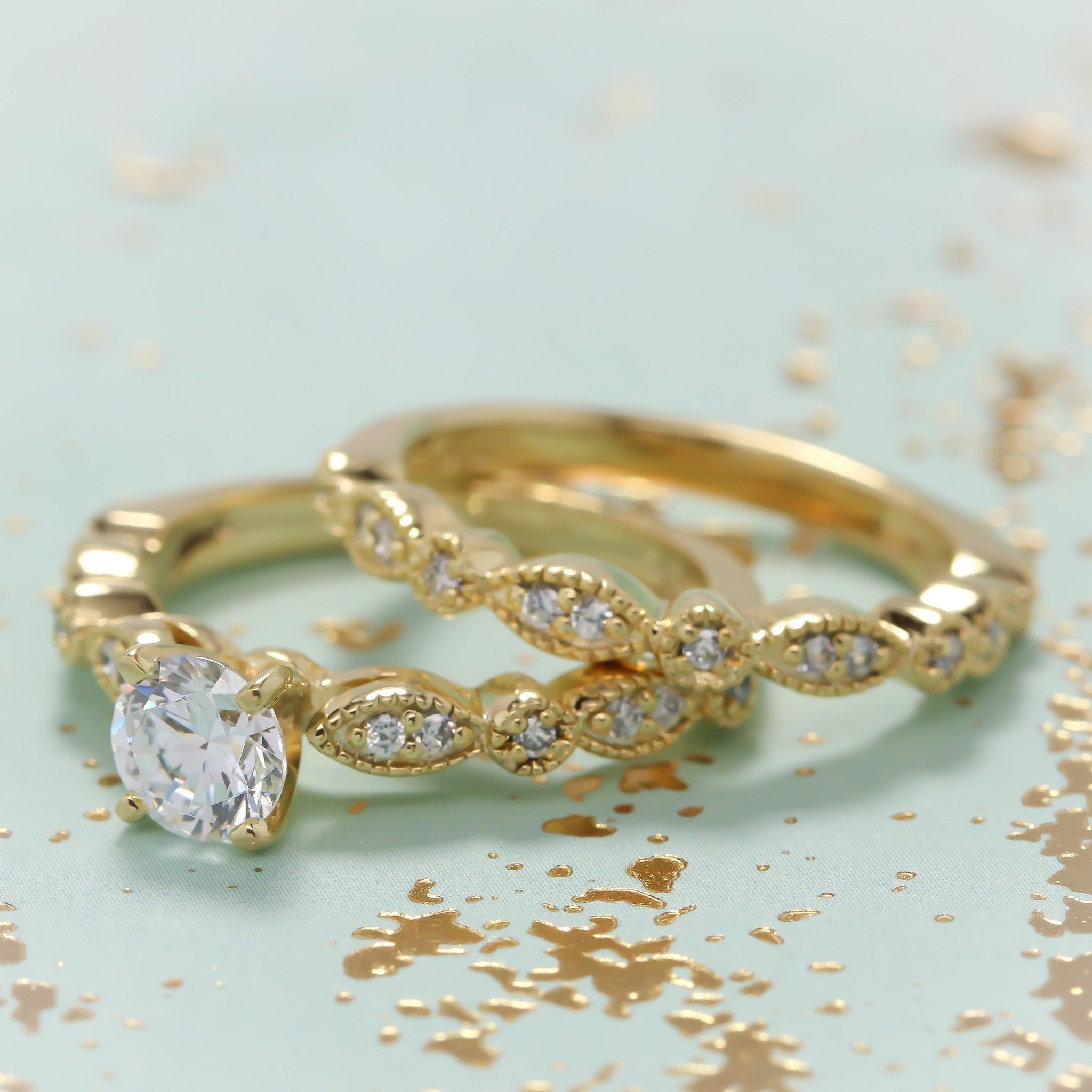 Vintage Inspired Engagement Ring and Wedding Band - Sweet Bliss Wedding Set - Moissanite Rings