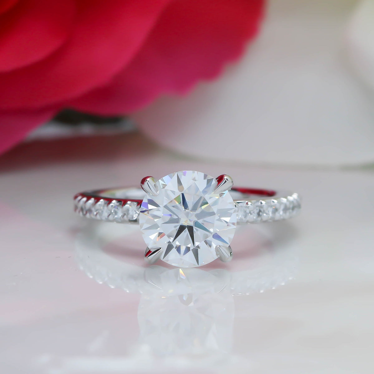 Single Row Diamond Engagement Ring Moissanite Center - Bali - Moissanite Rings