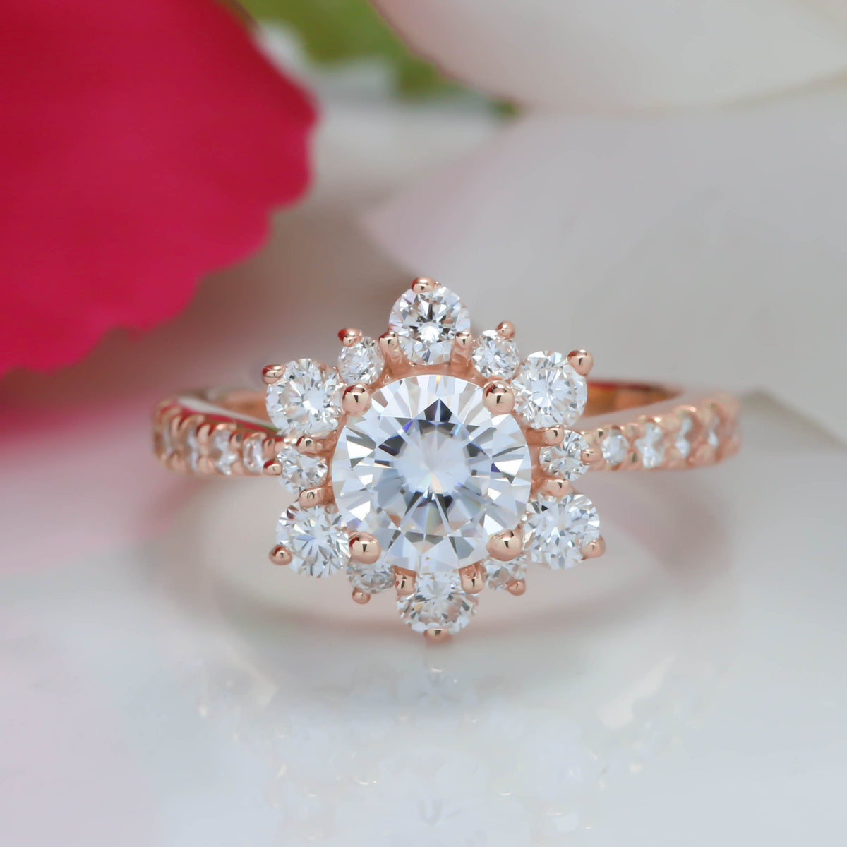 Snowflake Inspired Diamond Halo Moissanite Engagement Ring - Snowflake - Moissanite Rings