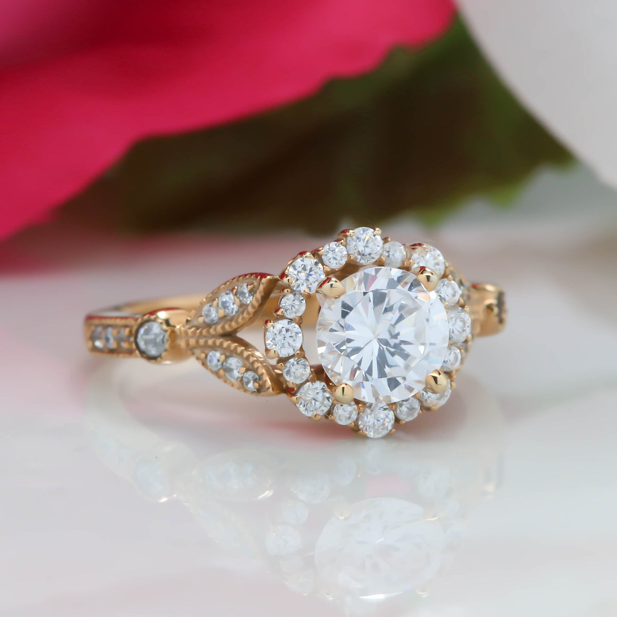 Vintage Floral Style Halo Diamond and Moissanite Engagement Ring - Lilly - Moissanite Rings