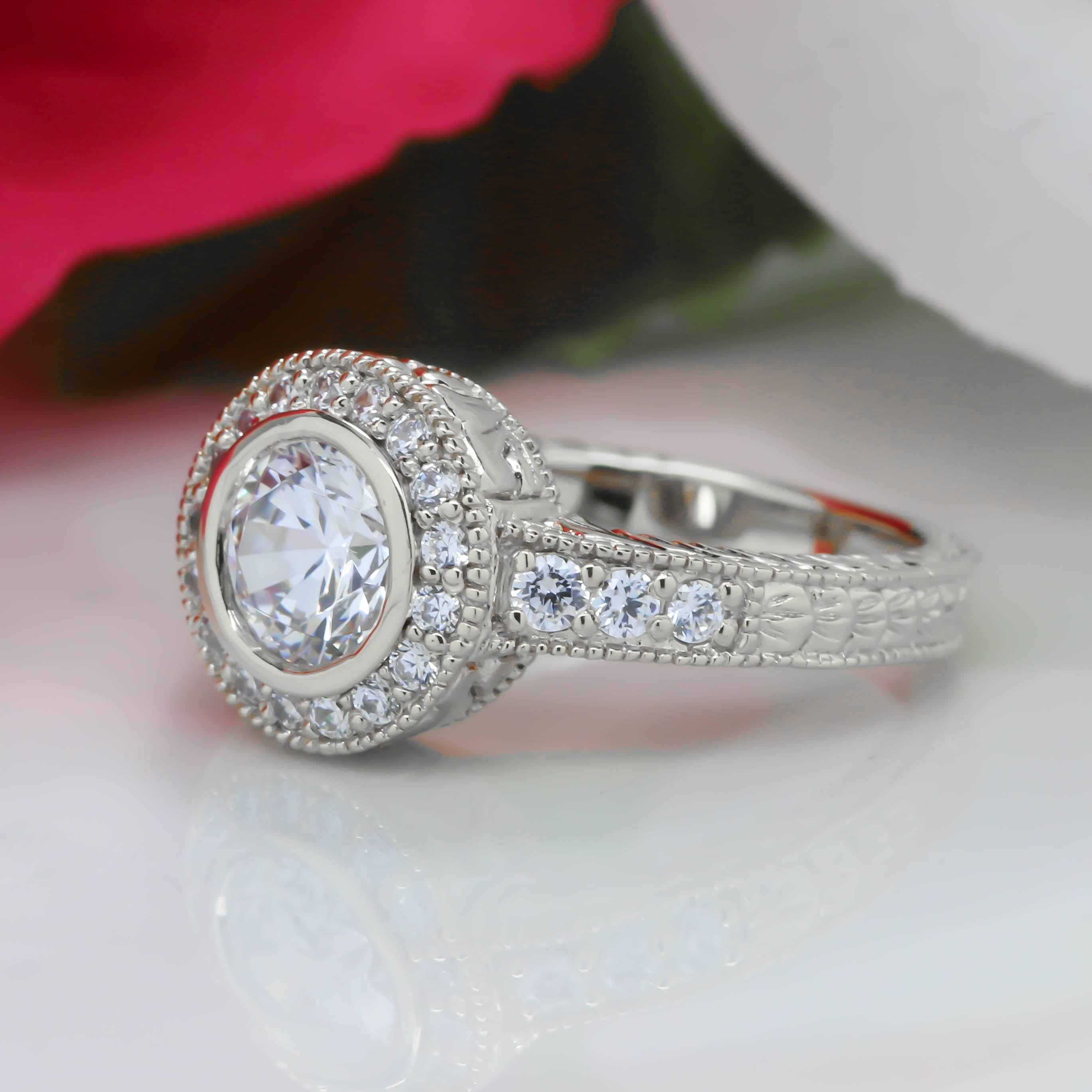 Bezel Set Diamond Engagement Ring Forever One Moissanite Center - Callie - Moissanite Rings