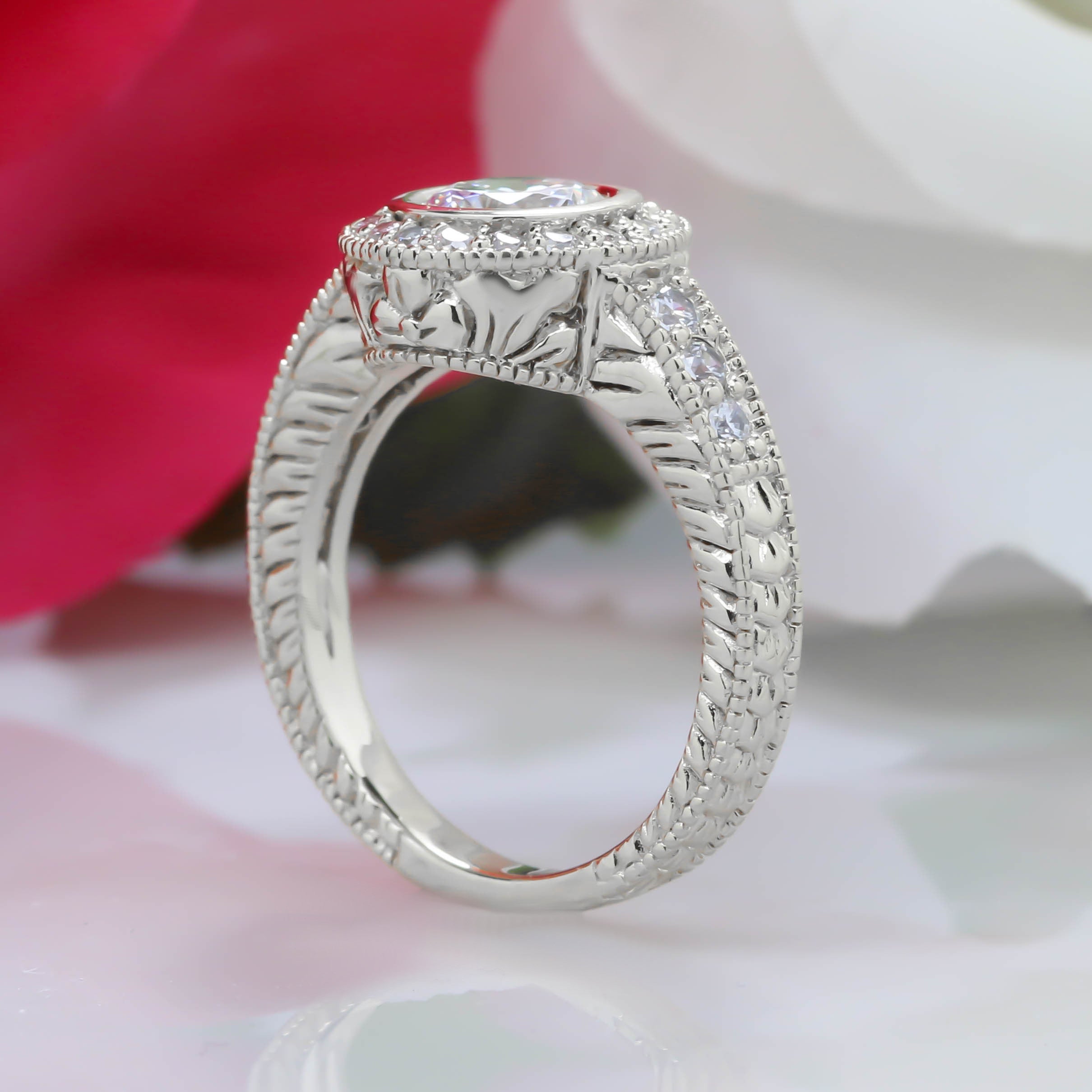 Bezel Set Diamond Engagement Ring Forever One Moissanite Center - Callie - Moissanite Rings