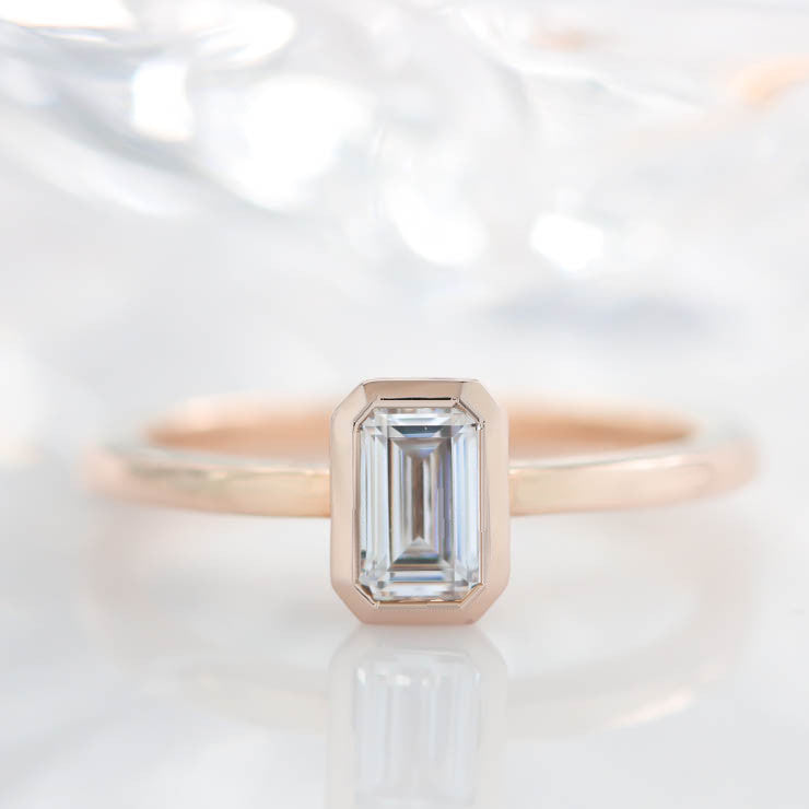 Emerald Cut Moissanite Engagement Ring Bezel Set Stone Thin Band - Esmeralda - Moissanite Rings