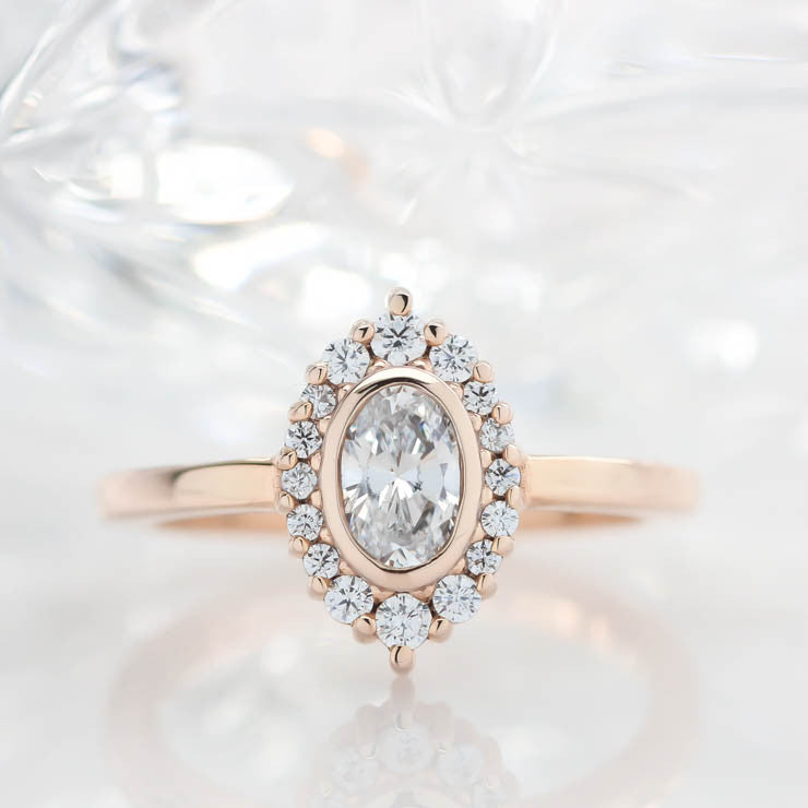 Diamond Halo Oval Moissanite Engagement Ring Bezel Ring Thin Band Ring - Sophia - Moissanite Rings