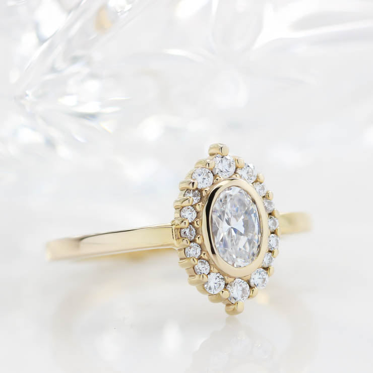 Diamond Halo Oval Moissanite Engagement Ring Bezel Ring Thin Band Ring - Sophia - Moissanite Rings