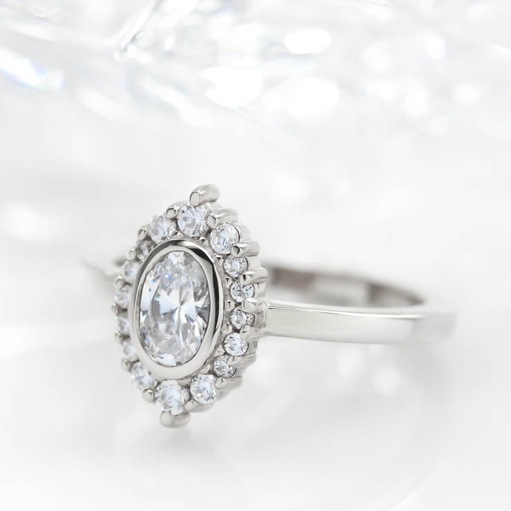 Diamond Halo Oval Moissanite Engagement Ring Bezel Ring Thin Band Ring - Sophia - Moissanite Rings